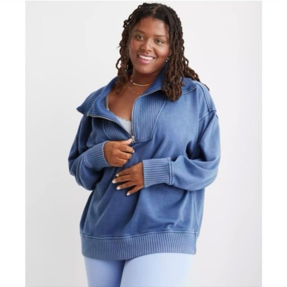 Aerie Blue Down To Earth Quarter Zip Sweatshirt sz XL